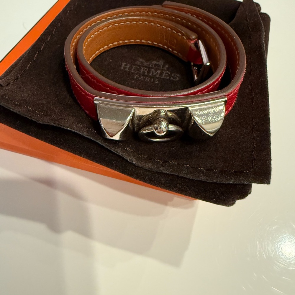 Hermes Red Rivale Double Tour Wrap Leather Bracelet with Palladium Hardware